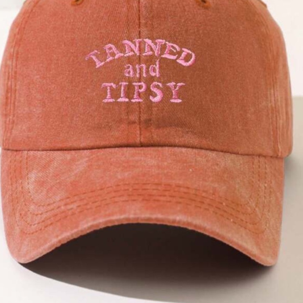 Tan and Pink Hat with Relaxed Fit Iand Embroidered Text